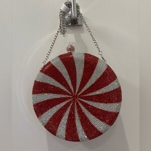 NWT Alessia Red and Silver Beaded Round peppermint swirl clutch/ crossbody